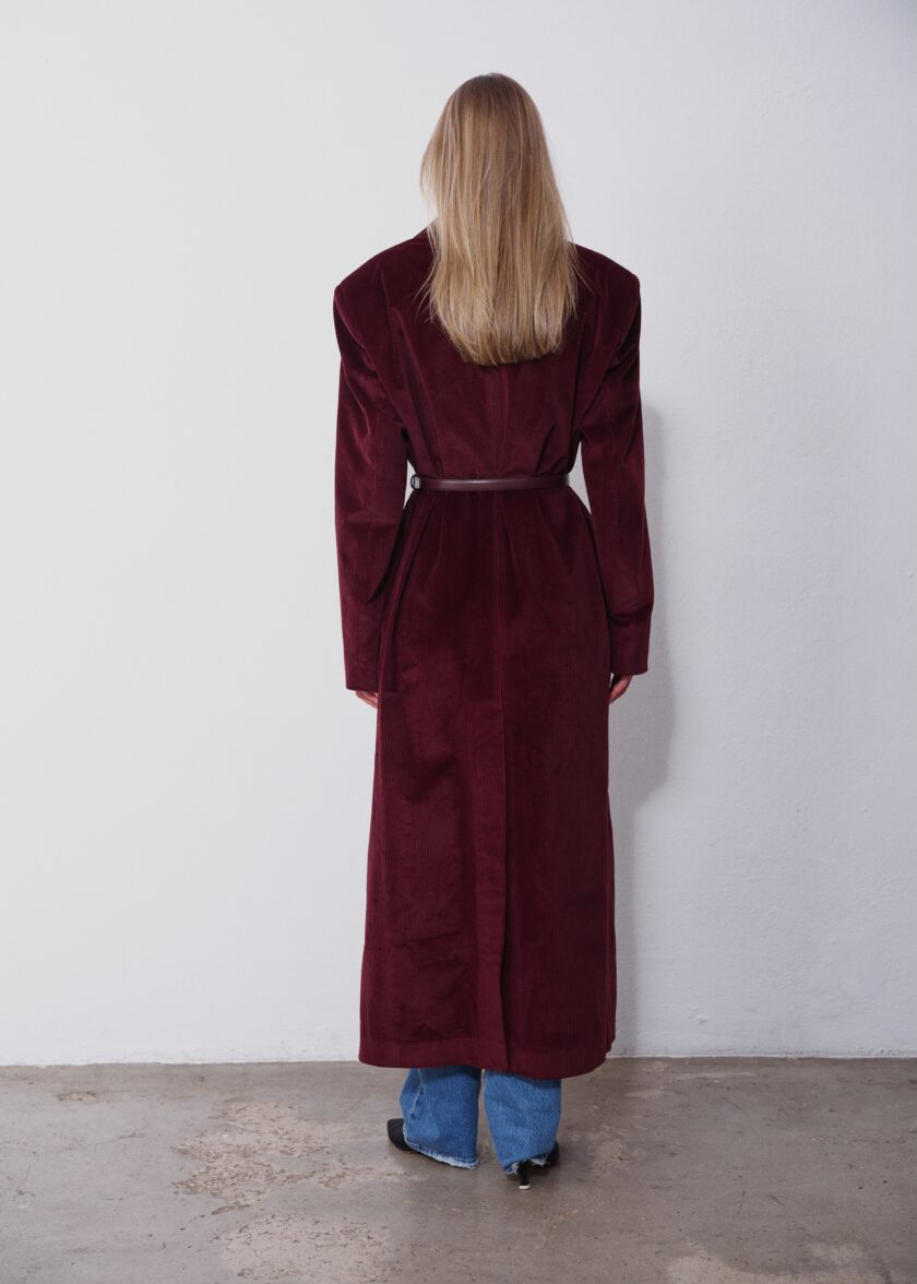 Penelope Burgundy Corduroy Trench Coat - obrazek 3